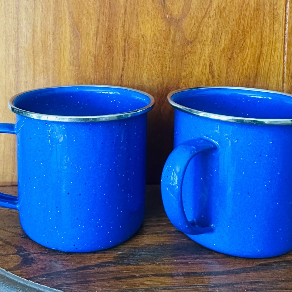 Vintage speckled Blue Enamel Camp Mug Pair